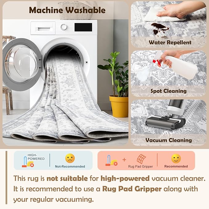 BESTSWEETIE 6ft Area Rugs for Living Room Washable Non Slip Carpet Low Pile Soft Vintage Print Pattern Rug for Bedroom Dining Room Kitchen Entryway Indoor-Light Grey