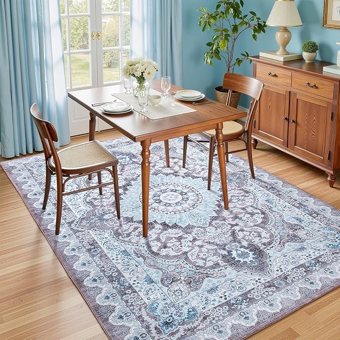 4x6 Area Rug for Bedroom, Machine Washable Rugs with Non-Slip Backing for Living Room, Soft Vintage Carpet Kitchen Laundry Kids Room Decor, Blue & Brown