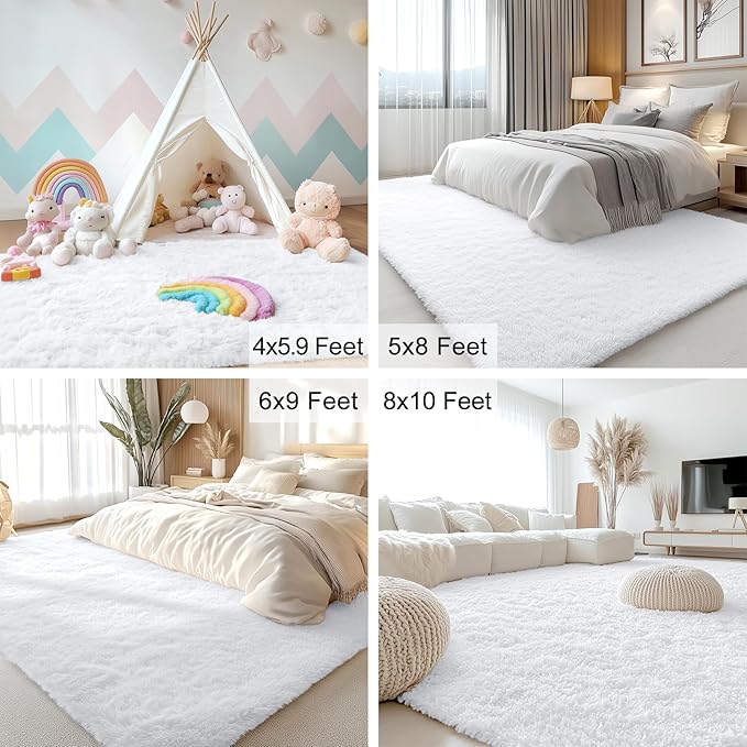 OLANLY Area Rugs for Living Room Bedroom, Machine Washable 4x5.9 Feet Soft Fluffy Shaggy Bedside Rug, Indoor Floor Carpet for Kids Girls and Boys, Dorms, Nursery Rooms, Home Decor Aesthetic, White