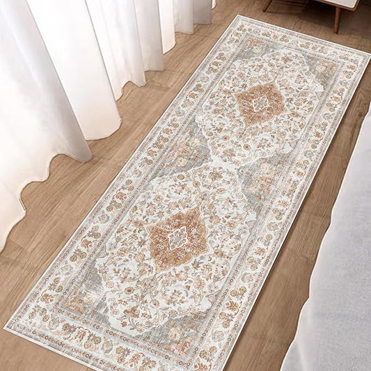 Vhong Boho Area Rugs Washable Vintage Modern Neutral Runner Carpet Brown and Grey 2×6 High Traffic Rug for Kitchen Hallway Living Room Non Slip