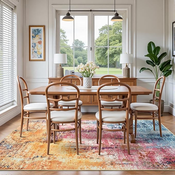 4x6 Colorful Washable Area Rug for Living Room Bedroom, Modern Abstract Non-Slip Rugs, Low Pile Soft Stain Resistant Carpet for Dining Room, Kitchen, Office, Dorm, Bedside Decor