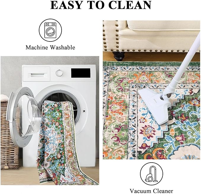 U'Artlines Washable Boho Area Rug, 2x3 Small Soft Non Slip Vintage Doormat for Indoor Front Door Green Mat Carpet for Entryway Kitchen Bathroom Bedroom