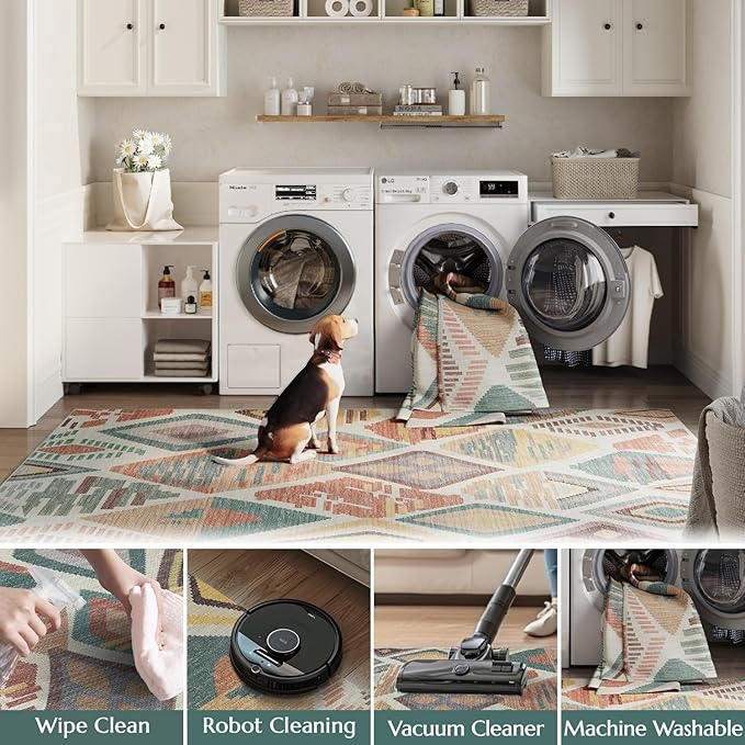 jinchan 5x7 Kids Washable Area Rug Geometric Moroccan Faux Jute Indoor Nursery Rug Non-Slip Colorful Modern Carpet for Playroom Kids Room Living Room Bedroom Laundry Room Boho Blue