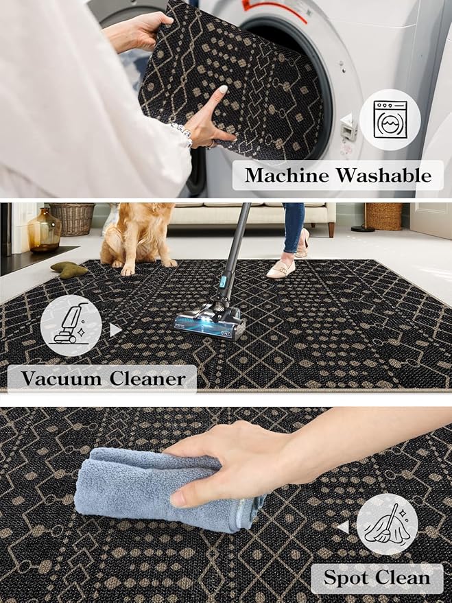 Lahome Washable Long Rug Runners for Hallways Non Slip, 2'6"x8 Jute Black Kitchen Runners Rug with Rubber Backing, Farmhouse Indoor Outdoor Runner Rugs, Moroccan Modern Carpet Runner for Entry Bedroom