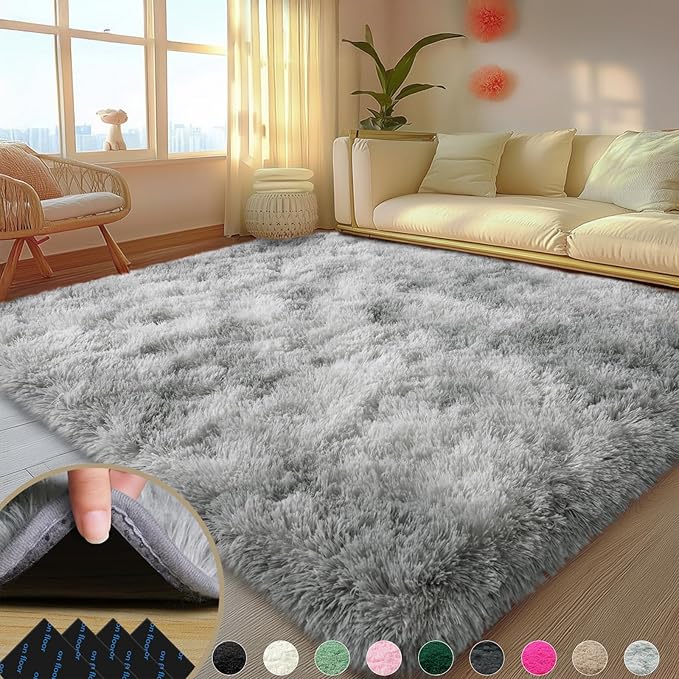 5x7 Rugs for Living Room, Large Fluffy Area Rugs for Bedroom, Soft Carpet Shag Kids Rug with 4 Non-Slip Rug Pads (Grey Tie-Dyed, 5ft x 7ft)