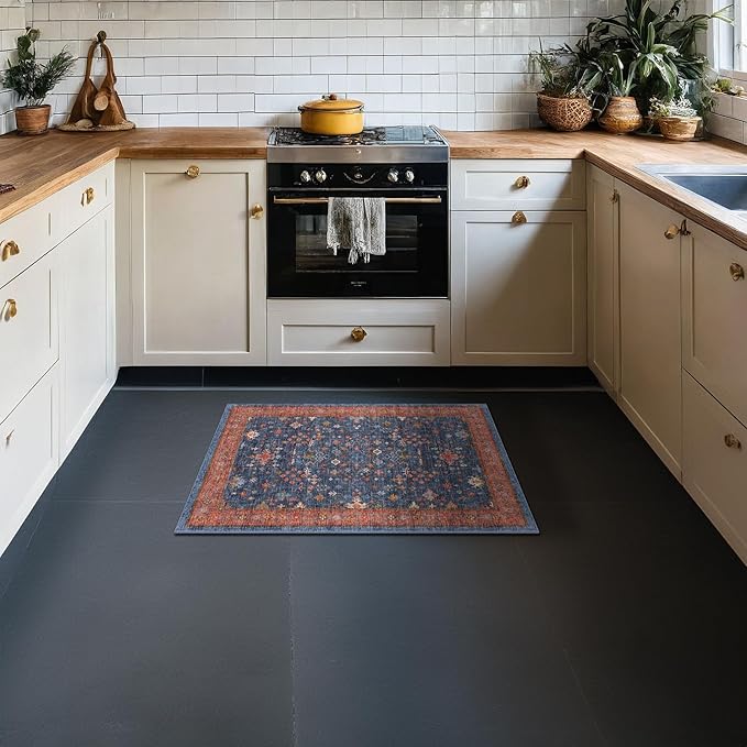 Washable 2x3 Entry Rug Front Door Indoor, Farmhouse Small Area Rugs for Kitchen, Bathroom, Entrance, Non Slip Rubber Backed, Perfect for Boho Décor (2x3 Navy Blue)