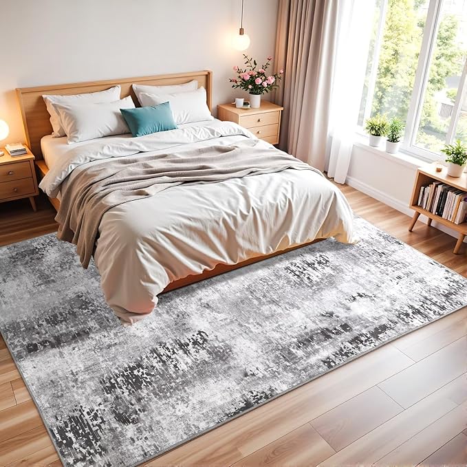 Washable Abstract Rug, 8x10 Modern Area Rugs with Non-Slip Rubber Backed for Living Room, Thin but Soft Contemporary Carpet Kitchen Bedroom Dining Room Decor, Dark Grey