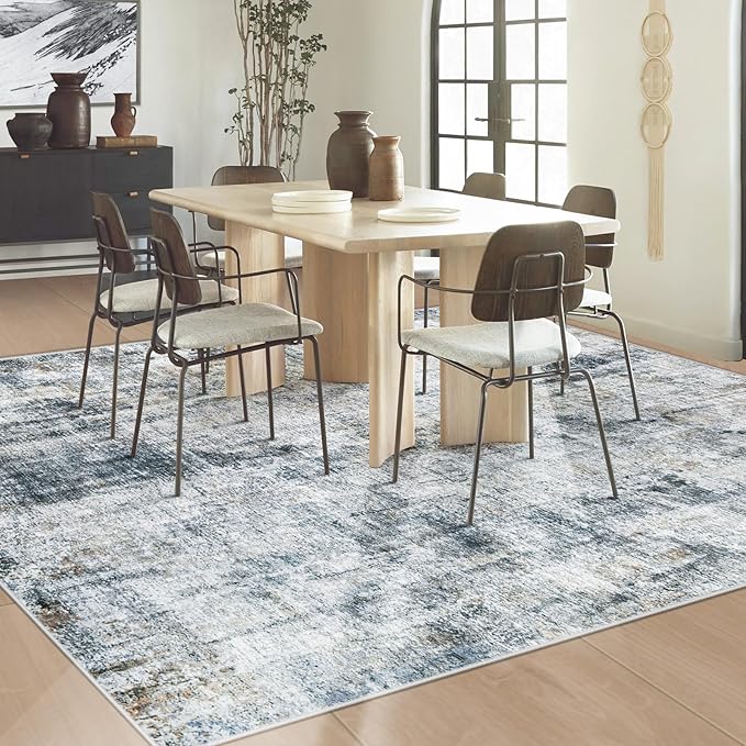 Washable Area Rug 6x9 for Living Room: Abstract Large Rugs Neutral Modern Carpet with Non Slip Backing for Bedroom Dining Room Office (Multi Blue, 6'x9')