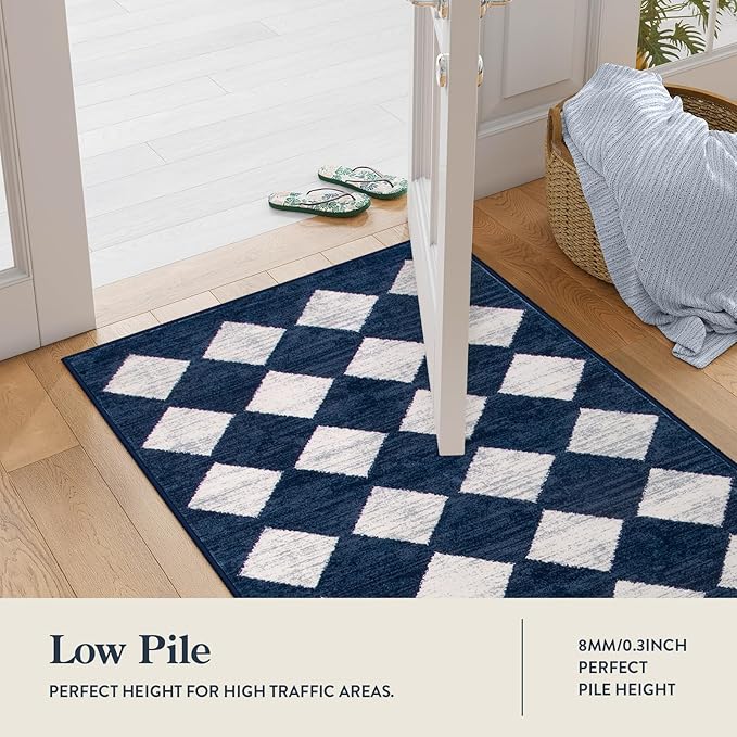 Lahome Checkered 2x8 Hallway Runner Rug,Soft Kitchen Runner Rugs Non Skid Washable,Blue Bathroom Carpet Runners,Moroccan Trellis Low Pile Rug Runners for Entryway Laundry Room Foyer(2'x8',Blue)