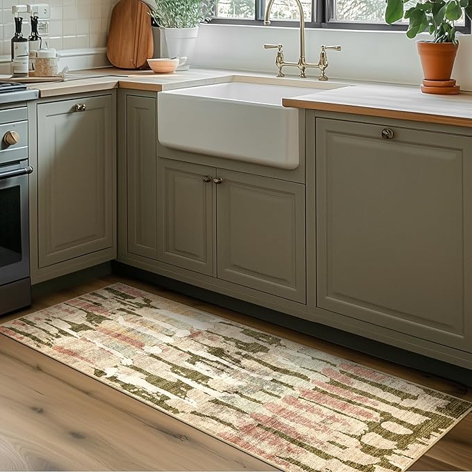 jinchan Spring Runner Rug 2x6 Modern Abstract Washable Runner Rug Soft Moss Green Multi Contemporary Home Decor Non Slip Backing Carpet for Living Room Laundry Room Bedroom