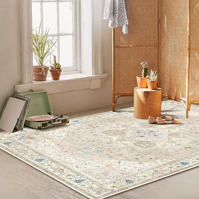 Beige Boho Rug 3x5 Small Vintage Rugs for Kitchen Living Room Bedroom Bedside Bathroom Office Soft Low Pile Non Slip Floor Carpet