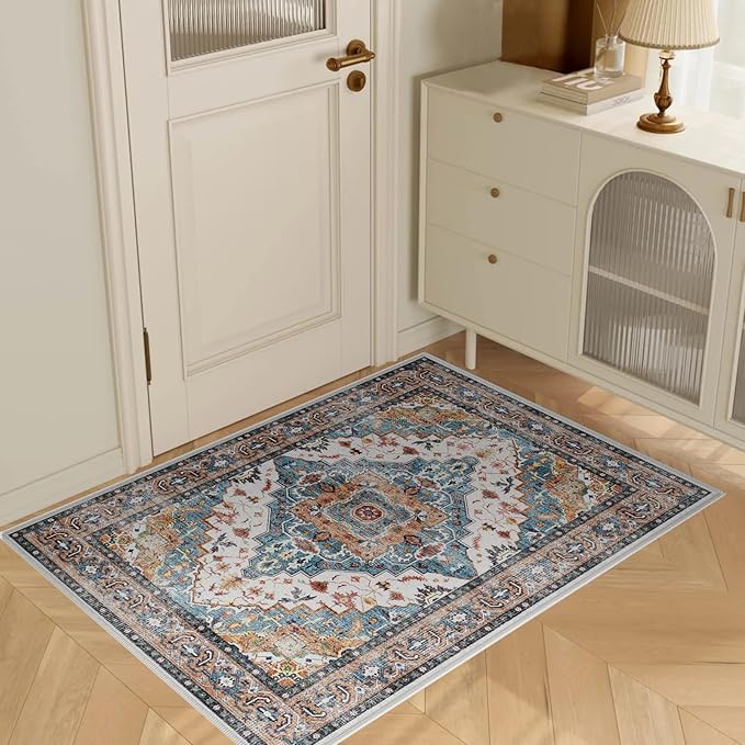 Washable Area Rugs, 3x5 Soft Non-Slip Soft Bedroom Living Room Accent Throw Boho Vintage Entry Floor Carpet for Dining Room Bathroom Entryway (Blue & Brown)