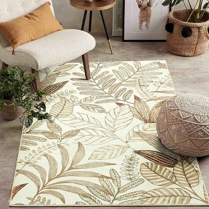 Ultra Thin 3x5 Small Entryway Rugs Indoor Doormat Stain Resistant, Vintage Floral Botanical Plants Throw Area Rugs for Bedroom Kitchen Living Room, Retro Khaki Bathroom Rugs Non Slip