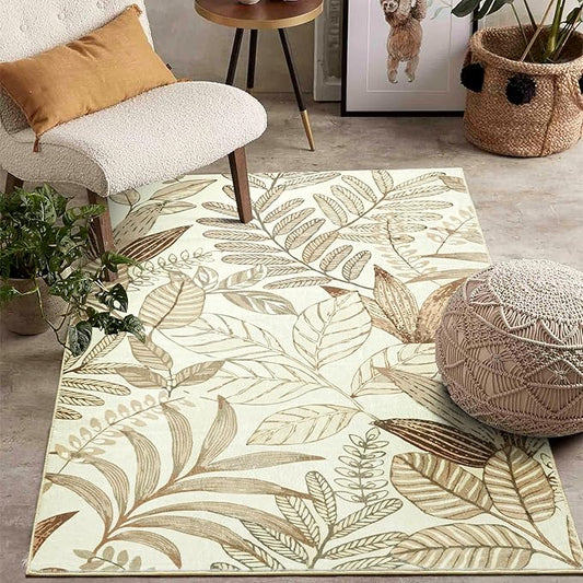 Ultra Thin 3x5 Small Entryway Rugs Indoor Doormat Stain Resistant, Vintage Floral Botanical Plants Throw Area Rugs for Bedroom Kitchen Living Room, Retro Khaki Bathroom Rugs Non Slip