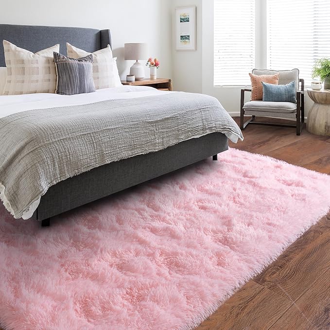 Pink Fluffy Rug for Bedroom 9x12 ft Large - Ultra Soft & Non Slip Shaggy Area Rug, Comfy Durable Carpet for Living Room Kids Room Teens Dorm Home Decor, 1.7'' Thick Indoor Plush Carpets