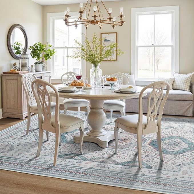 Maxsoft 6x9 Area Rug,Vintage Machine Washable Rugs for Living Room, Soft Non-Slip Low Pile Rug, Stain Resistant Rugs for Kitchen, Bedroom, Dining Room,Laundry Room,Nursery (Beige White)