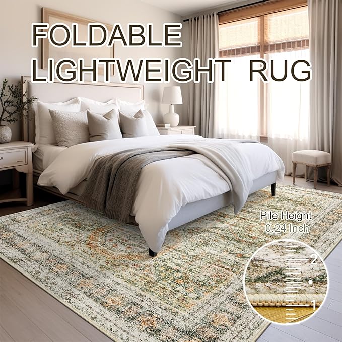 Washable Area Rug 8x10, Large Soft Rugs for Living Room Vintage 8x10 Area Rugs for Bedroom Dining Room Non-Slip Stain Resistant Under Table Green Orange Rug