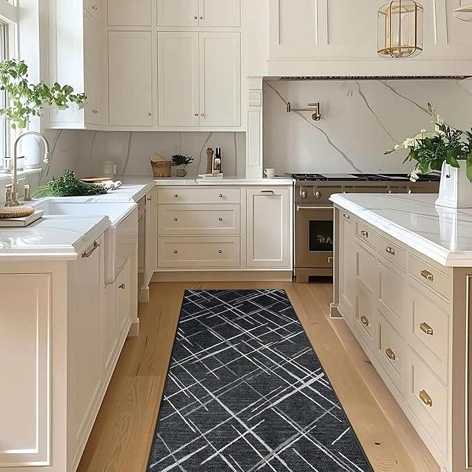 Runners for Hallways Kitchen Runner Rug Non Slip 2x10 Long Washable Runner Rugs No Pile Tear and Stain Resistance, Hand Woven Style Thin Rug for Hallways, Kitchen, Laundry, Bedroom- Black