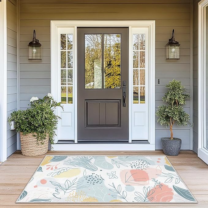 3x5 Entryway Rug Boho Minimalist Botanical Leaf Small Area Rug Bedroom Bedside Thin Carpet Bathroom Non Slip Indoor Entrance Low Pile Door Mat Kitchen Stain Resistant Washable Machine