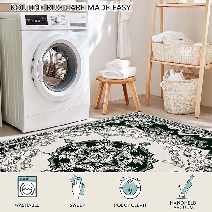 2x3 Area Rug Machine Washable Entryway Rugs White Green Vintage Boho Rug Non-Slip Low Pile Door Mat Entrance Small Carpet for Home Kitchen Bathroom Bedroom