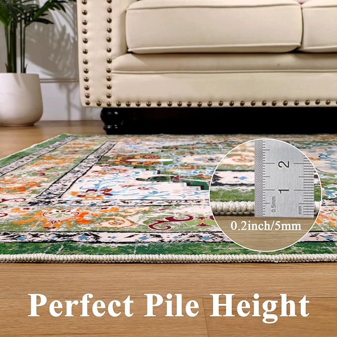 U'Artlines Boho Vintage Area Rug 4ft Machine Washable Low Pile Soft Floor Carpet Non Slip Non Shedding Accent Rug for Living Room Bedroom Entryway Dining Room Office Green