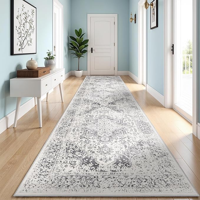Washable Hallway Runner Rug 3x14: Soft Vintage Kitchen Laundry Runner Non Slip Low-Pile Entryway Living Room Stain Resistance Indoor Floor Long Carpet for Bedroom Bathroom, Grey