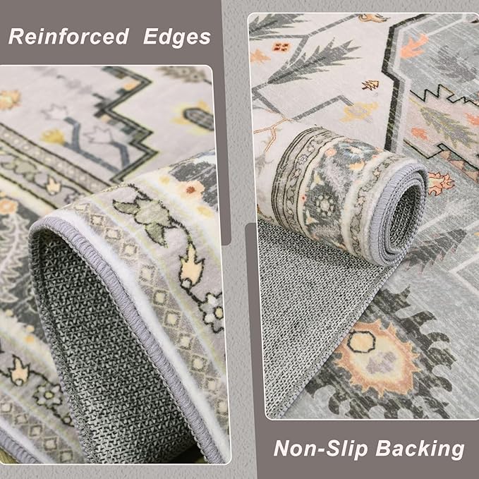 2x3 Grey Beige Small Area Rug for Entryway, Soft Washable Rugs with Non-Slip Backing for Bedroom Kitchen, Vintage Throw Carpet Laundry Entry Front Door Decor