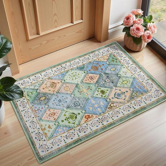 2x3 Small Washable Area Rug for Entryway, Green Boho Non-Slip Indoor Kitchen Rugs, Moroccan Floral Trellis Carpet Soft Low Pile Vintage Throw Mat for Bedroom Bathroom Front Door
