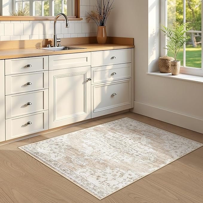 Vintage Washable Area Rugs 2x3: Small Entryway Rug with Non-Slip Backing Low Pile Rugs Soft Indoor Floor Thin Carpet Non Shedding Neutral Carpets for Bedroom Kitchen Laundry Under Dining Table Beige
