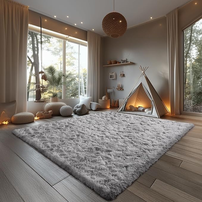 Zentavio Grey and White Area Rugs for Living Room Large Men Room Carpet 9x12 Bedroom Fluffy Furry Shag Aesthetic Plush High Pile Floor Rug for Kids Room Dorm Home Decor Tie-Dyed