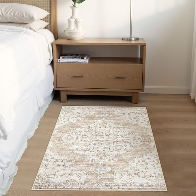 Vintage Washable Area Rugs 2x3: Small Entryway Rug with Non-Slip Backing Low Pile Rugs Soft Indoor Floor Thin Carpet Non Shedding Neutral Carpets for Bedroom Kitchen Laundry Under Dining Table Beige