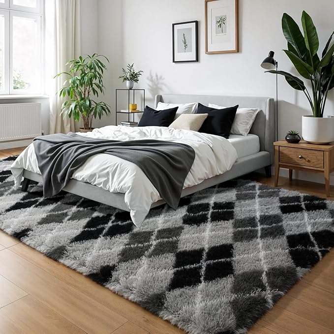 Zentavio Area Rugs for Living Room Large Rugs for Bedroom 5x8 Carpet Fluffy Fuzzy Soft Shag Aesthetic Plush High Pile Gray Throw Rug for Nursery Kids Room Dorm Diomond Black