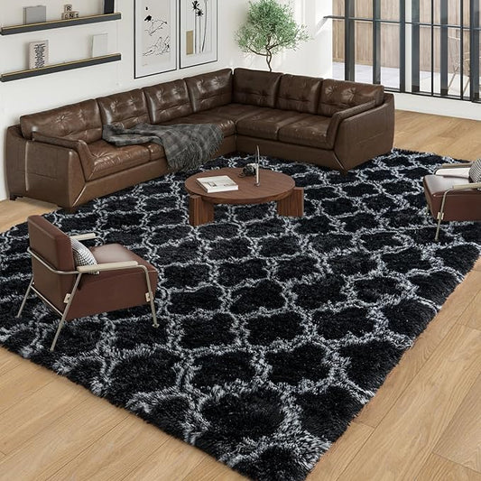 Large Area Rugs 9x12 Living Room, Plush Thick Carpets for Boy and Girls Room, Modern Soft Shag Rug for Bedroom, Non Slip, Indoor Carpet for Nursery Dorms Home Decor Aesthetic, Black