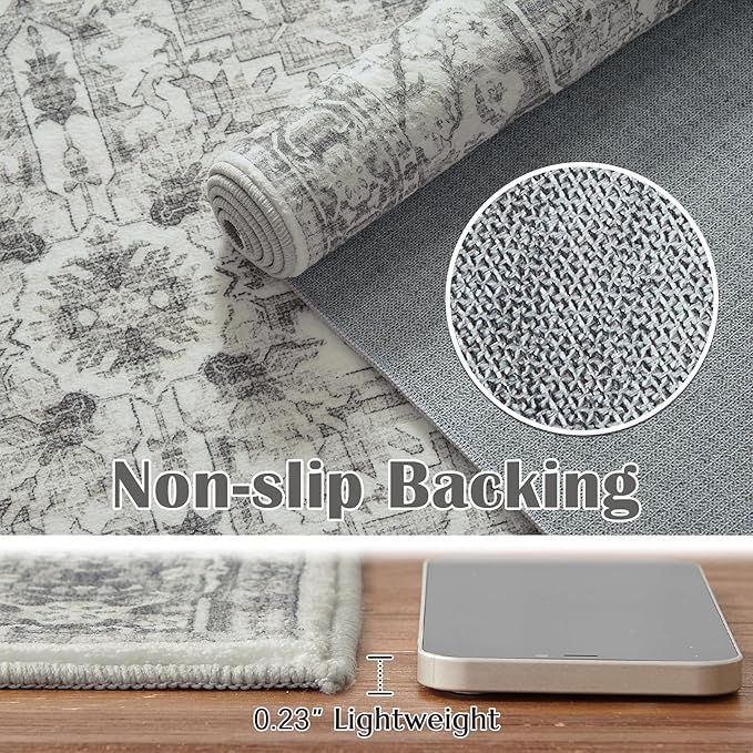 jinchan Runner Rug 2x6 Vintage Hallway Runner Rug Boho Washable Rug Floral Kitchen Runner Rug Retro Accent Non Slip Tribal Distressed Soft Rug for Bedroom Bathroom Laundry Room Doorway Grey