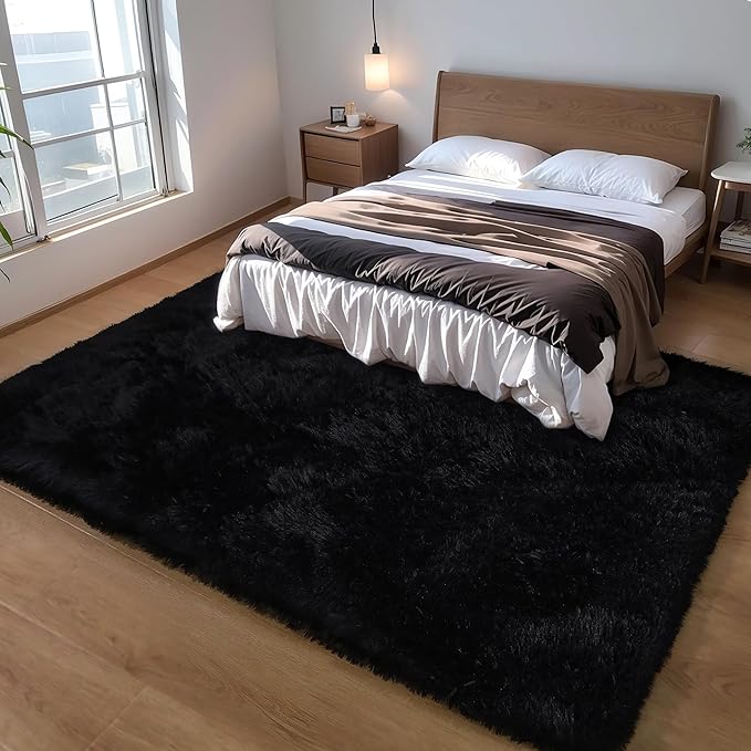 4x6 Black Fluffy Shag Rug for Bedroom, Ultra Soft Plush Fuzzy Washable Cozy Carpet for Living Room, Modern Non Slip Floor Comfy Furry Shaggy Area Rug for Kids Baby Boys Girls Nursery Dorm