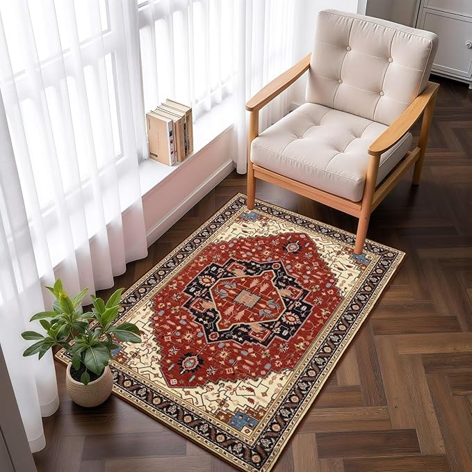 2x3 Orange Red Small Area Rug for Entryway, Soft Washable Rugs with Non-Slip Backing for Bedroom Kitchen, Vintage Throw Carpet Laundry Entry Front Door Decor