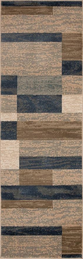 Superior Indoor Runner Rug, Jute Backed, Modern Geometric Patchwork Floor Decor for Bedroom, Office, Living Room, Entryway, Hardwood Floors, Rockwood Collection, 2' 7" x 10', Midnight Navy