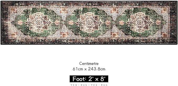 2x8 Runner Rug Green Boho Area Rugs for Hallway Indoor Laundry Room Bathroom Lightweight Non Slip Vintage Rug Washable Retro Distressed Carpet