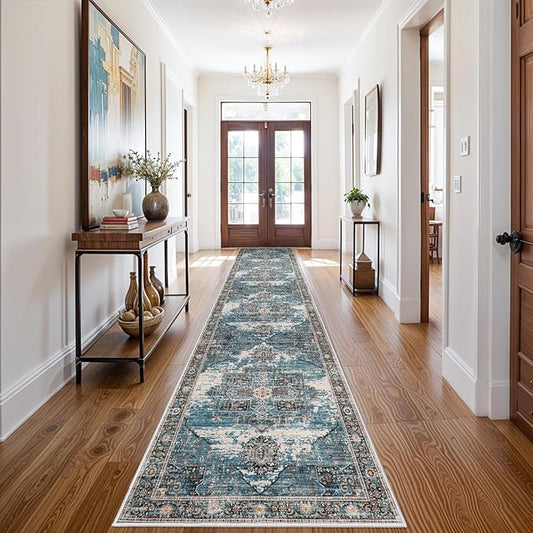 RUUGME Washable 3x14 Runner Rugs - Living Room Large Boho Rugs for Stain Resistant Carpet Vintage Tribal Rugs for Bedroom Kitchen Non Slip Backing Home Decor Floor Decoration Mat 3x14 Blue