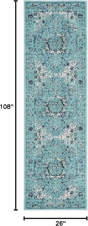 SAFAVIEH Evoke Collection 2'2" x 9' Light Blue / Light Blue EVK220E Shabby Chic Oriental Medallion Non-Shedding Living Room Entryway Foyer Hallway Bedroom Runner Rug