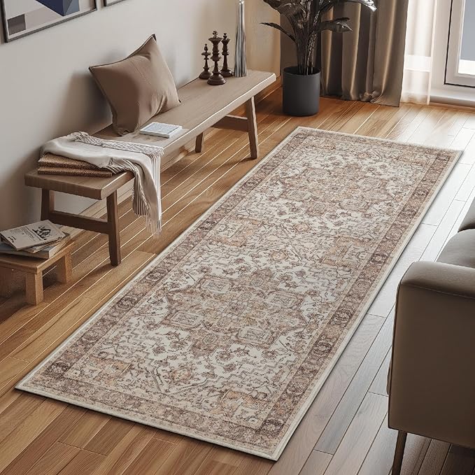 jinchan Runner Rug 2x5 Washable Kitchen Hallway Runner Soft Thin Vintage Low Pile Non Slip Distressed Carpet Oriental Medallion Rug for Bathroom Bedroom Laundry Room Taupe Multi