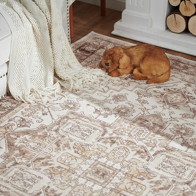 jinchan Area Rug 4x6 Washable Soft Thin Vintage Low Pile Non Slip Distressed Carpet Indoor Oriental Medallion Rug for Bedside Bathroom Bedroom Laundry Room Dining Room Taupe Multi