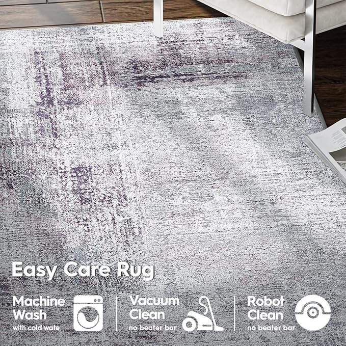 Eleisa Modern Abstract 2x8 Hallway Runner Rug, Purple & Grey, Non-Slip Washable Low Pile Rugs, Vintage Rug Hallway Indoor Carpet for Kitchen, Entryway and Laundry Room
