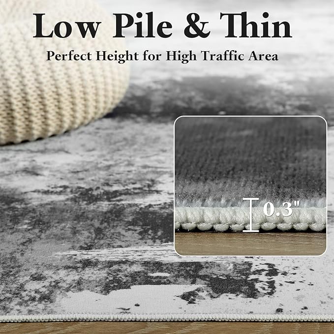 Washable Abstract Rug, 6x9 Modern Area Rugs with Non-Slip Rubber Backed for Living Room, Thin but Soft Contemporary Carpet Kitchen Bedroom Dining Room Decor, Black Grey