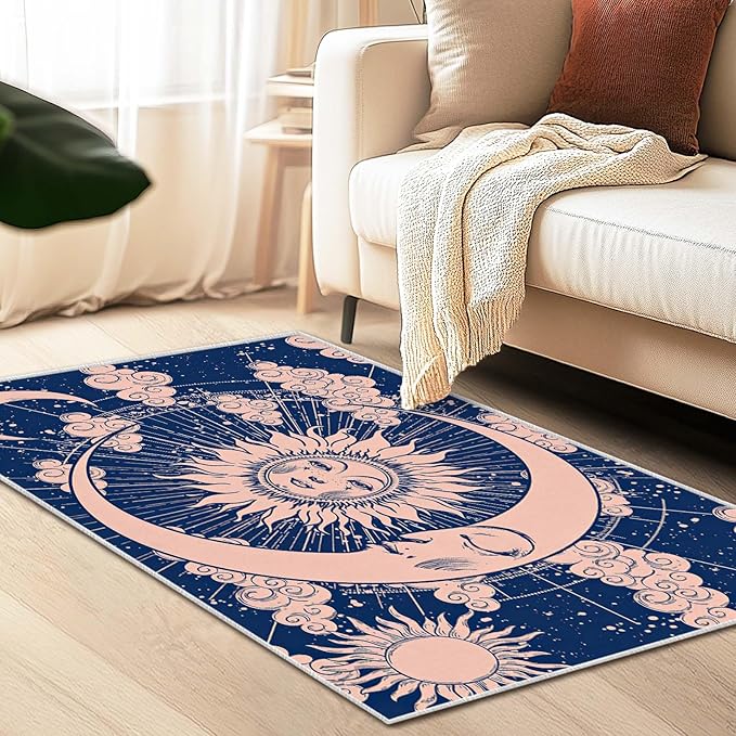 3x5 Entryway Rug Hippie Tarot Celestial Sun and Moon Navy Blue Area Rug Bedroom Bedside Ultra-Thin Small Carpet Bathroom Non Slip Indoor Low Pile Door Mat Kitchen Stain Resistant Washable Machine