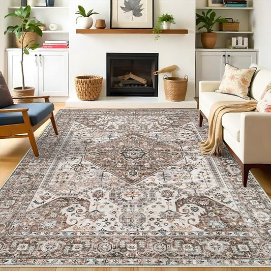 Washable 8x10 Large Area Rug: Oriental Stain Resistant Rugs for Living Room Medallion Non-Slip Carpet for Dining Room Soft Distresses Floor Mat for Bedroom Home Office 8x10 Brown