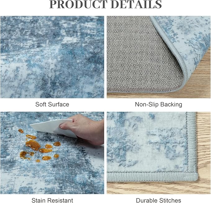 Runner Rug 2'6''x8' Washable Runner Rug: Machine Washable Kitchen Area Rug with Anti-Slip Backing Non-Shedding Stain-Resistant Long Soft Carpet Runner for Hallway, Bedroom, Laundry Room-Blue