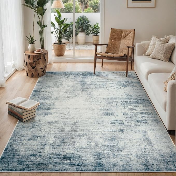 10x14 Area Rugs for Living Room: Soft Abstract Large Area Rug Non-Shedding Anti-Skid Stain Resistant Indoor Floor Modern Washable Rugs for Bedroom Dining Room Nursery Farmhouse Home Office-Blue/Ivory