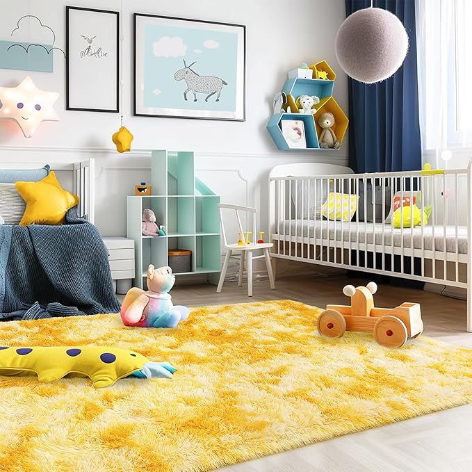 Ultra Fluffy Rug for Living Room Bedroom, 5x7 Fuzzy Large Area Rug for Living Room, Plush Soft Shag Carpet for Girl Boy Kids, Non Slip Rug Modern Indoor Home Decor Aesthetic, Tie-Dyed Yellow