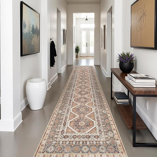 3x14 Runner Rug Kitchen Washable: Oriental Indoor Hallway Runners with Non Slip Backing Floor Mat for Entryway Door Low Pile Thin Carpet for Bedroom Bathroom Living Room Bedside Brick